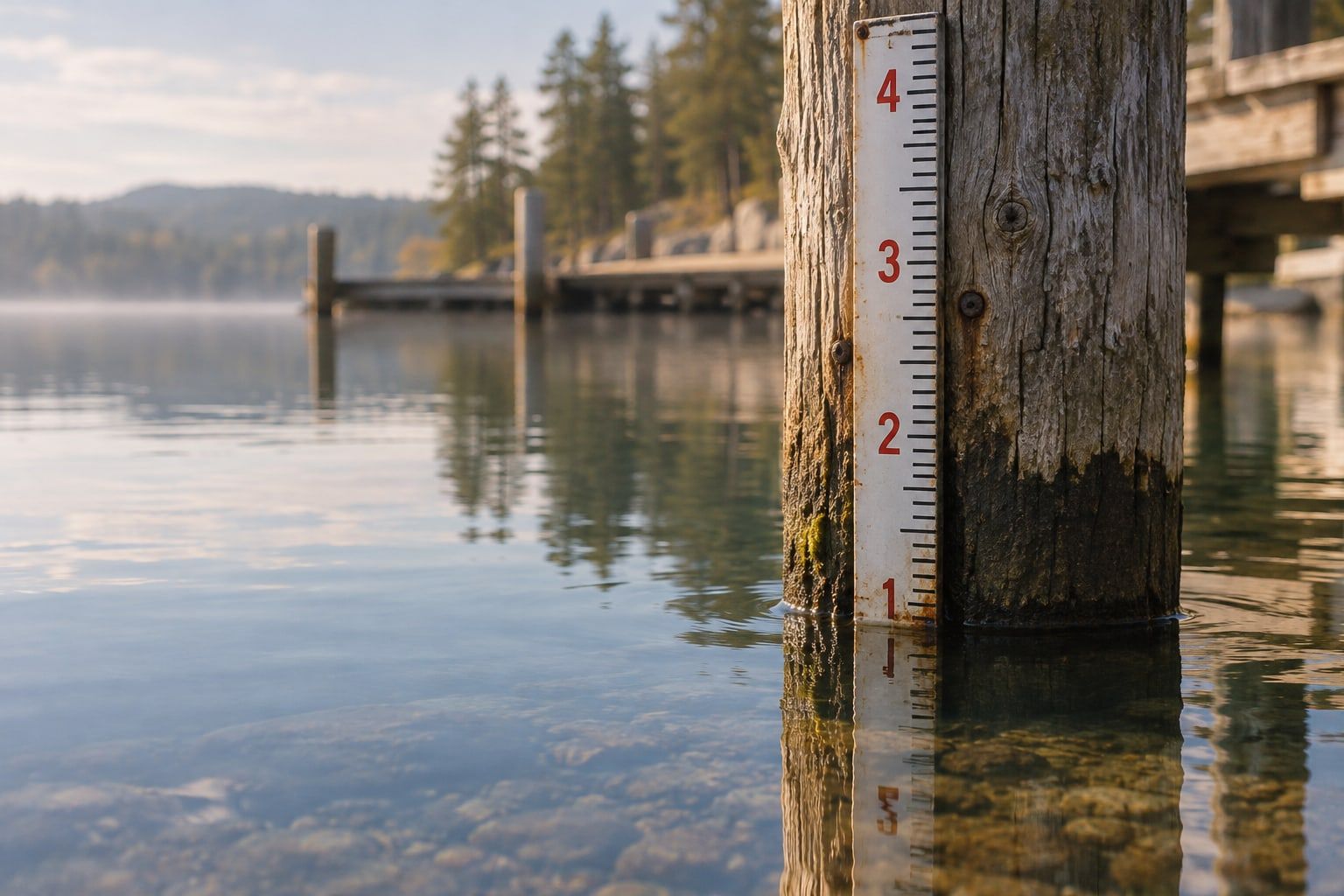 A painted staff gauge standing in calm lake water near a dock